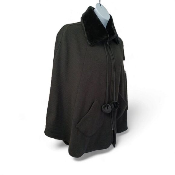 Black Le Moda Poncho Cape Coat with Faux Fur Collar and Pom Pom Ties Full Zip - Picture 4 of 7